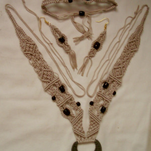 Gray Macrame Statement Necklace, Bracelet & Earring Set W/ Buckle & Beads
