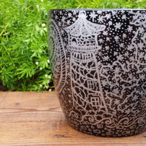 Black Ceramic Pot with Beautiful Silver Hand-Drawn Designs