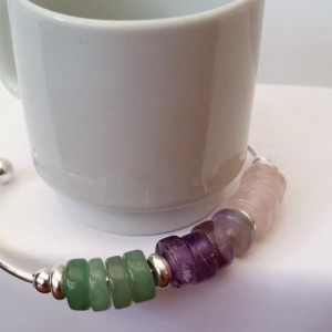 Sterling Silver Add A Charm Cuff Bracelet with Aventurine, Amethyst and Rose Quartz Beads