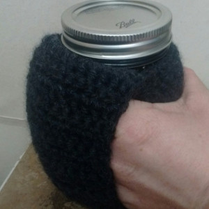Mitten Mug - Charcoal grey crochet cozy with wide handle - comes with 16 oz / pint size Ball mason jar