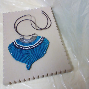 Fancy turquoise/hint of light blue macrame  leather cord necklace