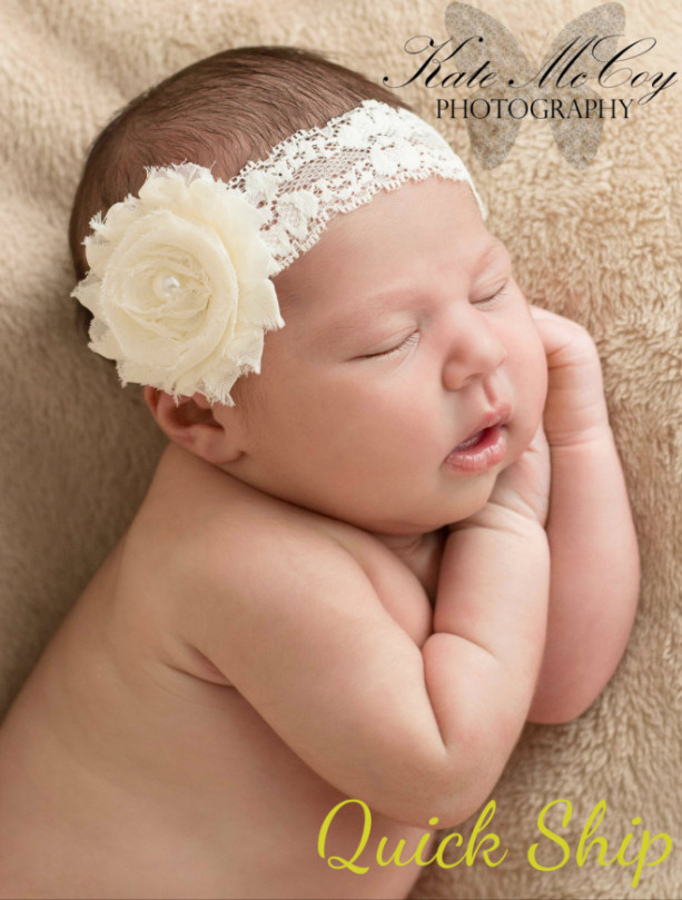 Ivory baby headband, infant headband, baby headband, ivory shabby flower with pearl on  elastic lace  headband, QUICK ship
