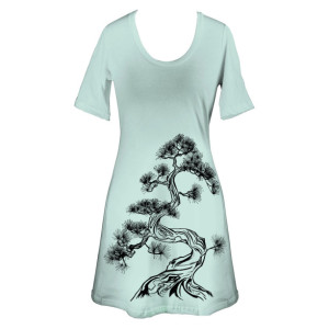 Ash Grey Seafoam Japanese Pine Tree Screen Printed Crewneck T-Shirt Dress, Bonsai, Sumi-e, Botanical, Last One, Made in USA - Size S