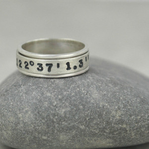 Hand Stamped Latitude and Longitude Spinner Ring in Sterling Silver - Coordinates Ring for Him or Her