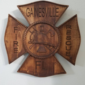 Fire Dept Maltese Cross Badge - 3D V CARVED - Personalized Firefighter/Dept Badge V Carved Wood Sign