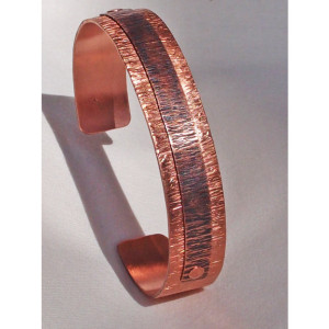 Bark Textured Copper Bracelet with Shiny Bark Texture and Patinated Bark Textured Copper Overlay Hand Forged