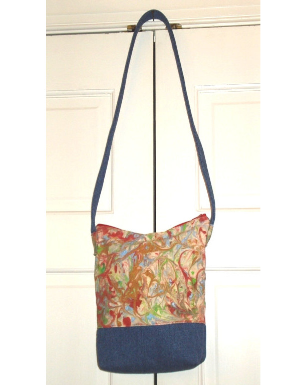 HANDPAINTED Over the Shoulder TOTE BAG with upcycled jean accent bottom and strap