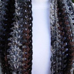 Long Soft Women's or Men's Infinity Scarf, Black, Gray, Brown & Off White Striped Crochet Knit Warm Winter Loop Cowl, Ready to Ship in 3 Days
