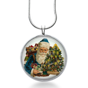 Blue Santa with Tree Necklace - Christmas Jewelry - Holiday Pendant - Christmas