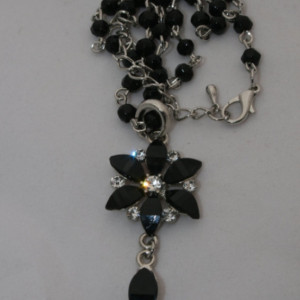 Black Beaded Chain and Black and Crystal Flower Focal Necklace