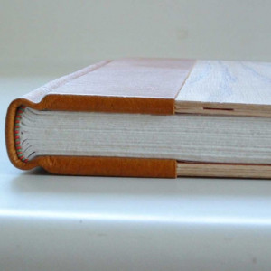 Hand-made book, bound in leather and wood.