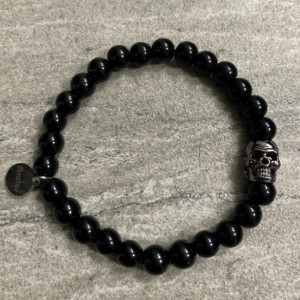 Men's stretch black glass beaded bracelet 7-8mm with skull - Limited Quantities!!!!!