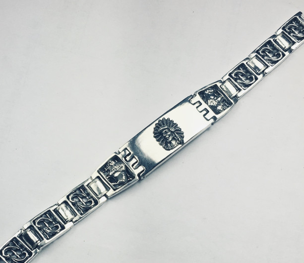 Artisan made Indian Chief Mens ID sterling silver bracelet
