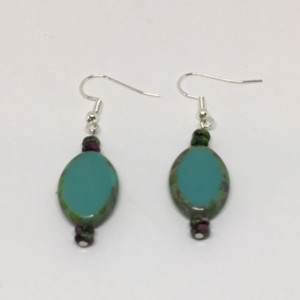 Blue Dangle earrings, Czech Turquoise Green earrings, Boho earrings, Silver wire earrings, multi color seed beads, Beach earrings