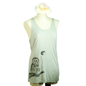 Coffee Owl Oversized Viscose Tank Top, Grey Taupe, Screen Printed, Illustration, Men Women, Unisex - Gifts for Him or Her