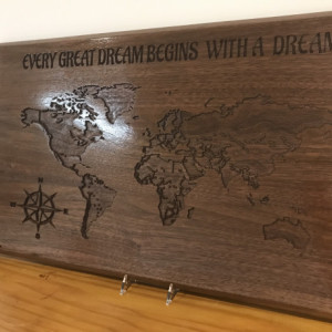 Wooden Wall Art, Walnut Engraved World Map