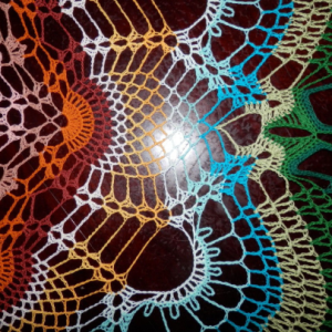 Stunning Handmade Crochet Tablecloth Doily, 46", "Rainbow Peacock Tail", Cotton 100%, USA FREE shipping