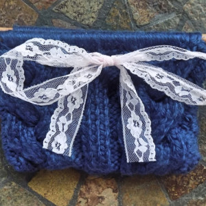 Navy Cable Knit Clutch w/ Pink Ribbon