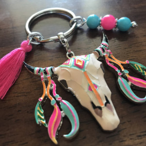 Boho Keychain, Bohemian Key Ring, Keyring, Bag Clip, Boho Skull, Gift For Her, Ready To Ship, Rearview Mirror Charm