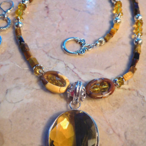 Tiger eye gemstone Necklace in the center 925 Sterling Silver Overlay with AMETRINE QUARTZ pendant and matching earrings set.#NBES0097