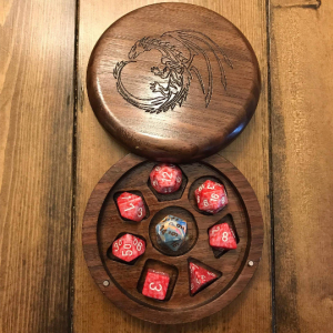 Circular Walnut Wood Polyhedral Dice Box for Dungeons and Dragons (DnD) or Pathfinder RPGs