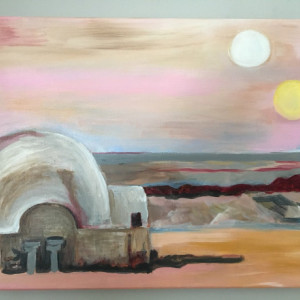 Star Wars Tattoine landscape original acrylic painting on stretched canvas. Luke Skywalker's childhood home.