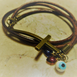 Brown leather wrap bracelet with bronze tone Cross and charms, hearts and evil eye #B00235