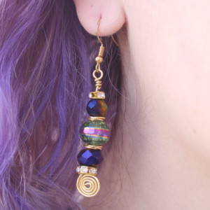 Disco Glass Earrings, Purple Earrings, Multi Color Beads, Gold Color Tarnish Free Wire