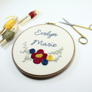 Floral Custom Baby Name Embroidery Hoop Art