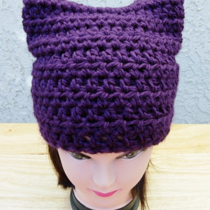  Solid Dark Purple Pussy Cat Hat with Ears, Soft 100% Acrylic Crochet Knit Warm Winter Women's March, Men's Beanie, Ready to Ship in 3 Days