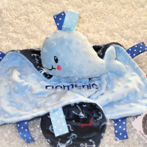 Personalized anchor lovey with attached whale toy, unique baby/ toddler gift, AKA security blanket- lovie -lovy -small blankie