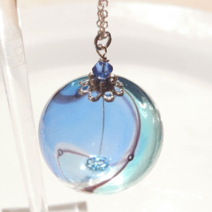 Necklace Aqua and Blue Color Hollow Glass Beads Handmade Hand Blown Bubble Dot