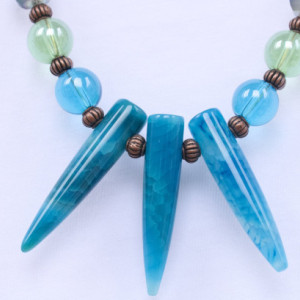 Blue Agate Gemstone Necklace, Crackled Aqua Gemstone Necklace, Blue and Green Glass Bead Necklace, Crystal Round Beads