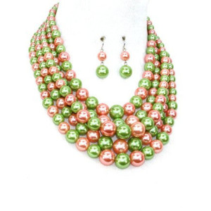 Pink and Green Pearl Alpha Kappa Alpha Inspired 5 strand Necklace Set 