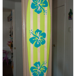 Lime Green / Aqua Hibiscus Flower - Hanging Surf Board Sign