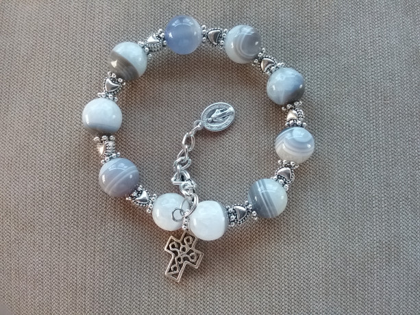One Decade Rosary Bracelet of Agate, Silver Findings, Medals