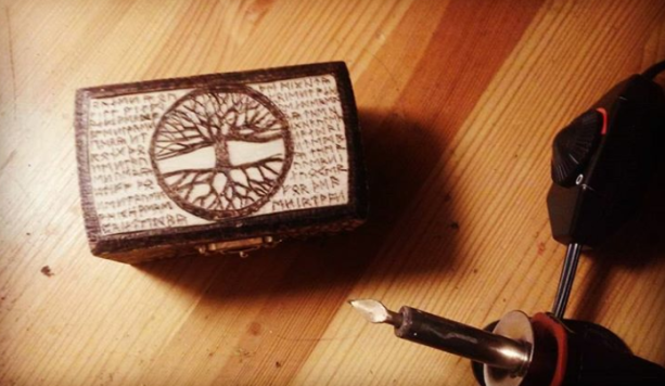 Tree of Life Jewelry/Stash Box with Norse Elder Futhark Runes - Handcarved Wooden Box - Pyrography