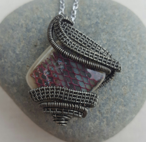 Wire Wrapped Hematite Grey Dichroic Glass Necklace