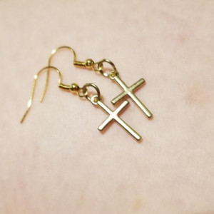 Gold cross hook earrings