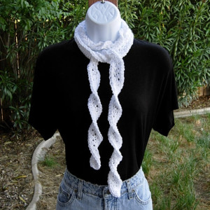 Solid White Skinny SUMMER SCARF Small 100% Cotton Spiral Crochet Knit Narrow Lightweight Warm Weather Women's Scarf, Ready to Ship in 2 Days