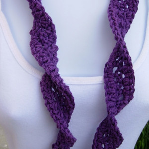 Solid Dark Purple Skinny SUMMER SCARF Small 100% Cotton Spiral Twisted Narrow Lightweight Women's Thin Crochet Knit, Ready to Ship in 3 Days