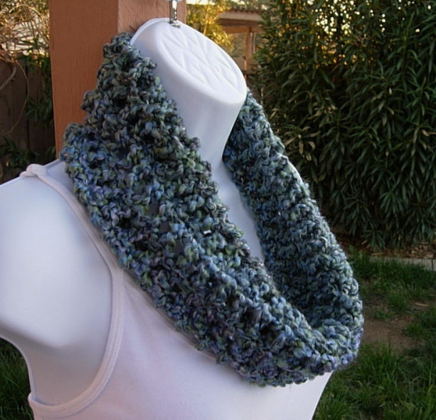 Small Summer Scarf, Blue Summer Cowl, Short Blue Scarf, Gray Crochet Scarf, Teal Knit Cowl, Small Infinity Scarf, Blue Gray, Ready to Ship in 2 Days