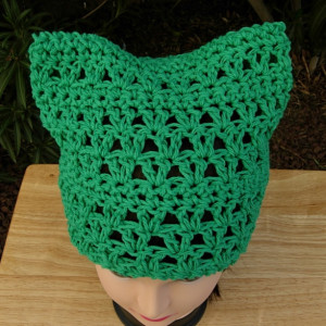 Earth Day March For Science Pussy Cat Hat, Solid Green PussyHat Summer Spring 100% Cotton Lightweight Crochet Knit Lacy Beanie, Ready to Ship in 3 Days