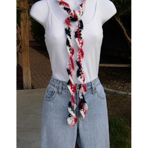 Red White and Blue Skinny 4th of July SUMMER SCARF Small 100% Cotton Spiral Crochet Knit Narrow Lightweight Patriotic Women's Scarf, Ready to Ship in 3 Days