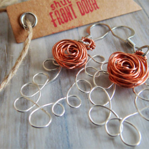 Drop Earrings, Sterling Silver, Natural Copper Rose Wire Design