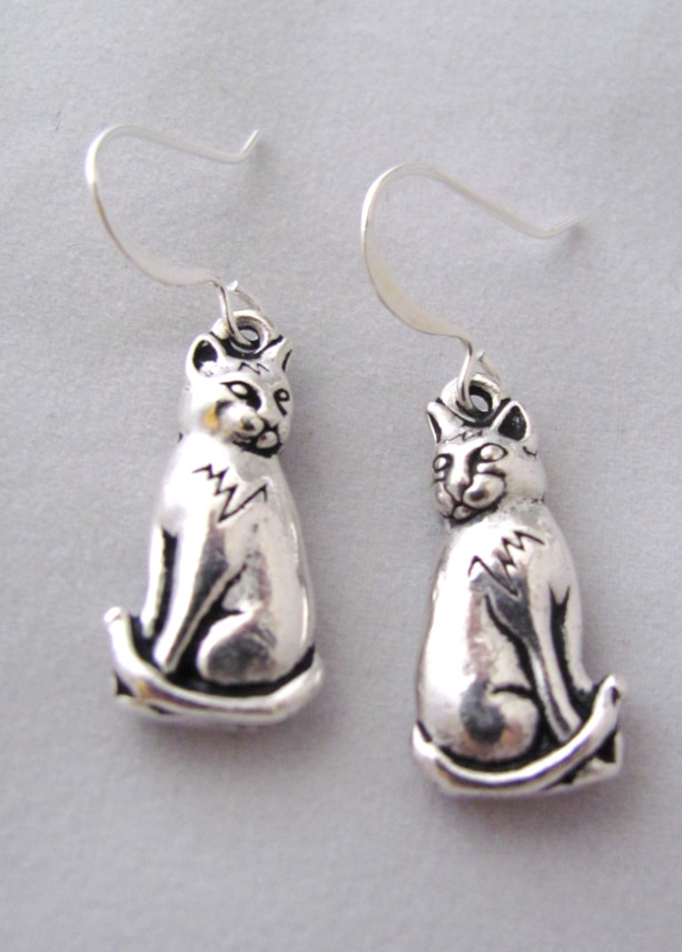 Cat Earrings  Sitting Cat Earrings Feline Earrings Pewter Copper Cat Jewelry