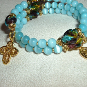 Rosary Bracelet of Catseye Blue Glass Beads and Gold Findings