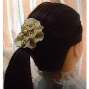 Natural Burlap Flower Hair Barrette w/Pearl accents - Rustic Country Shabby chick for Women