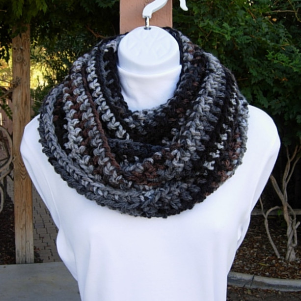 Long Soft Women's or Men's Infinity Scarf, Black, Gray, Brown & Off White Striped Crochet Knit Warm Winter Loop Cowl, Ready to Ship in 3 Days