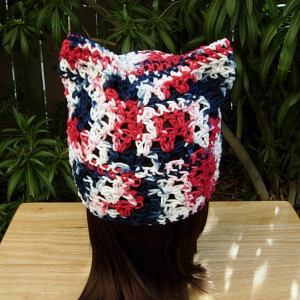Red White and Blue Pussy Cat Hat, Women's PussyHat, Summer 100% Cotton Lightweight Crochet Knit Beanie, 4th of July Hat, Patriotic, Fourth of July Hat, Ready to Ship in 3 Days